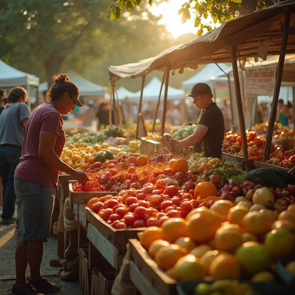 Tallahassee in September: Your Ultimate Survival Guide to North Florida's Hidden Autumn Gem Vendors arranging late-summer tomatoes and early autumn squash at morning farmers market in Tallahassee, under warm sunlight with dew drops on fresh produce