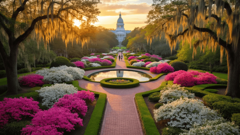 Tallahassee in May: Your Ultimate Guide to Florida's Hidden Spring Paradise "Aerial view of Alfred B. Maclay Gardens State Park in spring bloom with pink and white azaleas, brick pathways, reflection pools, Spanish moss-draped oak trees, under a golden sunset with the State Capitol in the background"