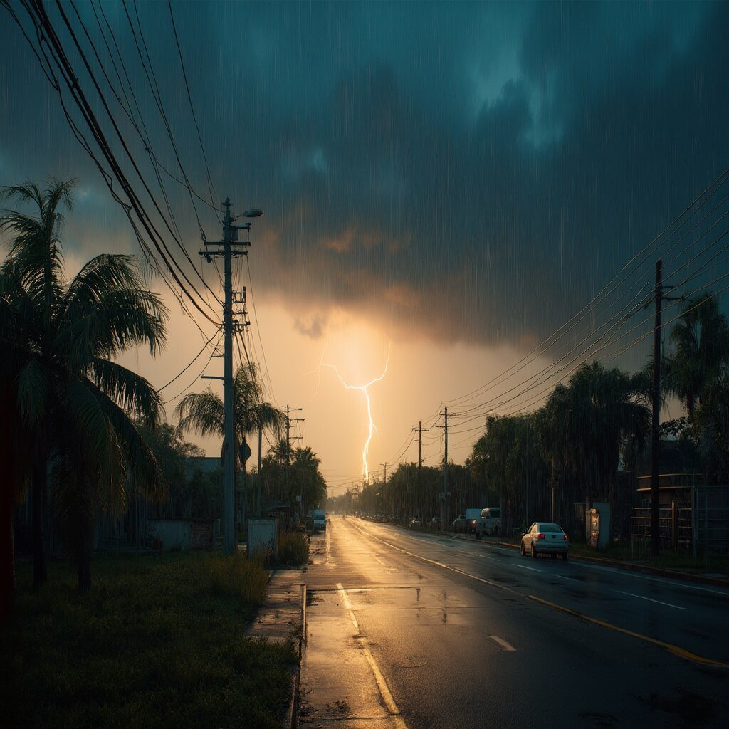 Tallahassee in July: Your Sweaty, Stormy Summer Adventure Guide Dark ominous clouds and lightning over Tallahassee during a Florida summer thunderstorm, with subtropical vegetation and bending palm trees in foreground, wet streets reflecting storm's intensity, and golden light breaking through the storm clouds.