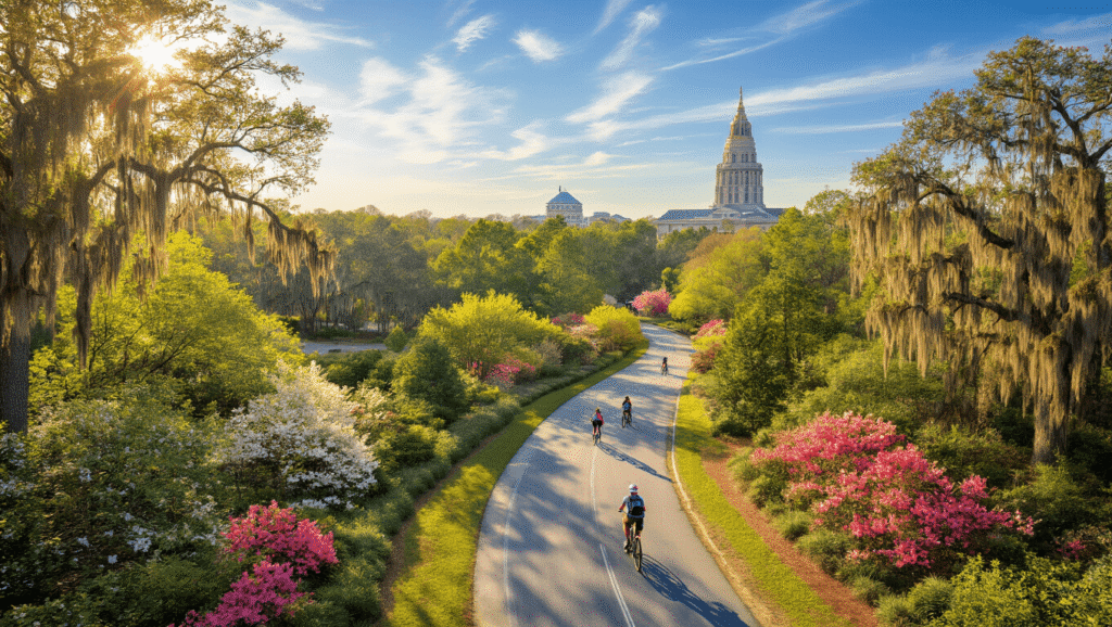 🌞 Tallahassee in April: Your Ultimate Spring Adventure Guide "Aerial view of Tallahassee in spring, featuring Alfred B. Maclay Gardens State Park in bloom, cyclists on St. Marks Trail, the State Capitol building, and Cascades Park under a clear sky during golden hour."