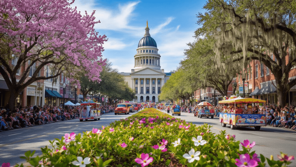 Why Tallahassee in March Will Blow Your Mind: A Local's Ultimate Guide "Panoramic view of a spring parade in downtown Tallahassee with blooming flowers, historic Capitol building, festive floats, performers, street vendors, and spectators under a blue sky with wispy clouds."