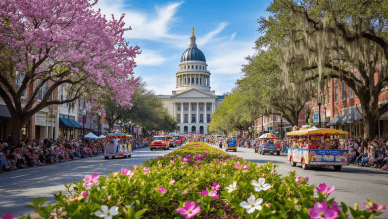 Why Tallahassee in March Will Blow Your Mind: A Local's Ultimate Guide "Panoramic view of a spring parade in downtown Tallahassee with blooming flowers, historic Capitol building, festive floats, performers, street vendors, and spectators under a blue sky with wispy clouds."