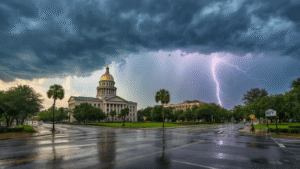 "Downtown Tallahassee under a dramatic summer thunderstorm, with dark clouds, lightning, and rain curtain, with the Florida State Capitol in the background, palm trees swaying, and thermometer reading 92°F in the corner."