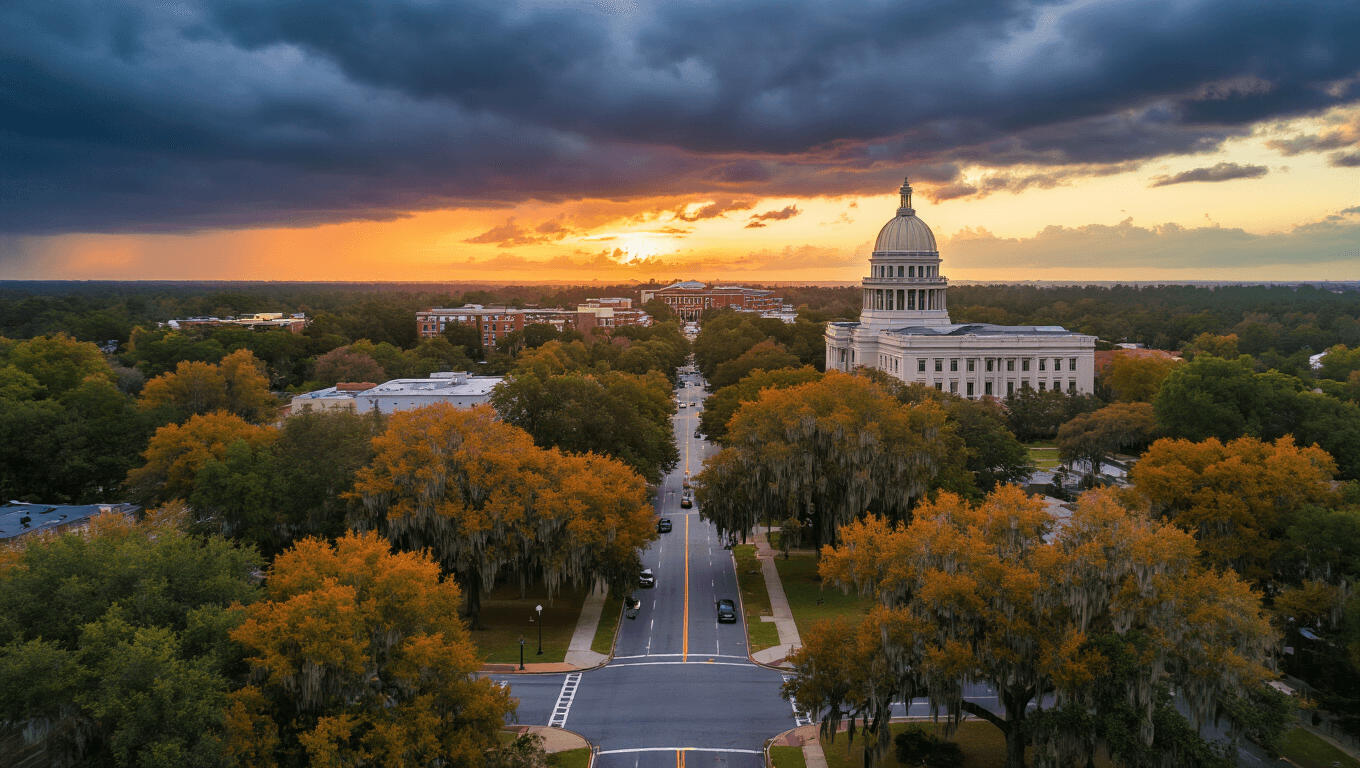 "Aerial view of Tallahassee at sunset featuring FSU campus, Florida State Capitol building, autumn oak trees, and storm clouds, with hints of St. Marks Wildlife Refuge in the distance."