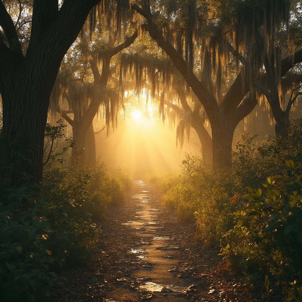 Tallahassee in August: A Scorching Symphony of Sun, Rain, and Southern Charm Detailed sunset view of a serene Tallahassee nature trail with sophisticated drainage systems, drought-resistant native plants, rain gardens with water collection systems, under the golden hour lighting through Spanish moss-draped oak trees and atmospheric haze.
