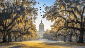 Tallahassee in January: Your Ultimate Cold-Weather Adventure Guide "Winter morning scene in Tallahassee with frosty canopy roads, moss-draped oak trees, State Capitol building in background, and migratory birds soaring in the blue sky"