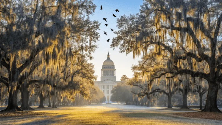 Tallahassee in January: Your Ultimate Cold-Weather Adventure Guide "Winter morning scene in Tallahassee with frosty canopy roads, moss-draped oak trees, State Capitol building in background, and migratory birds soaring in the blue sky"