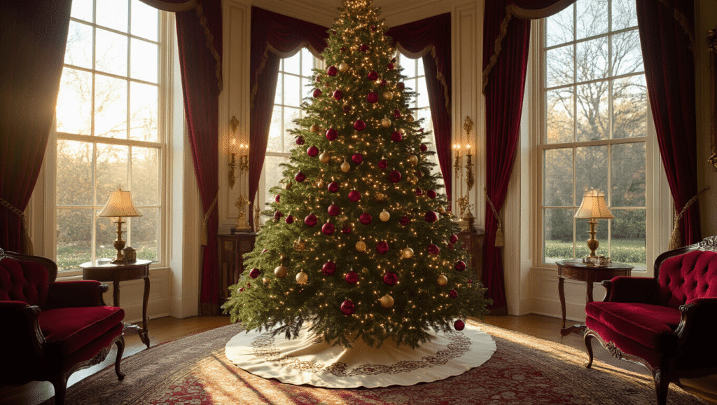 A photorealistic wide shot of a grand Victorian living room showcasing a tall Fraser fir Christmas tree adorned with vintage glass ornaments and warm twinkle lights, illuminated by golden hour sunlight. The scene features rich burgundy velvet furniture, mahogany accents, and a cream wool tree skirt, with shimmering light patterns from a chandelier enhancing the festive atmosphere.