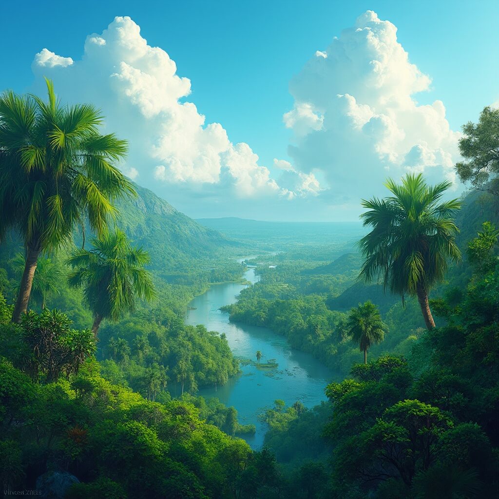 Aerial view of Port St. Lucie's vibrant tropical landscape with lush botanical gardens, sunlit palm trees, a winding river, and dramatic clouds in a bright blue sky