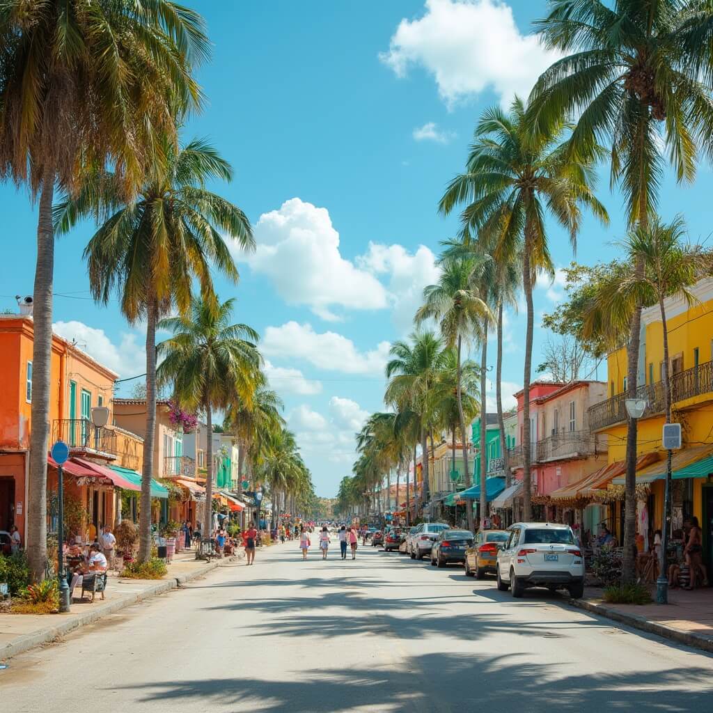 Cuban-American architecture in vibrant Hialeah neighborhood lined with palm trees, people enjoying outdoor activities under bright sunlight in warm December