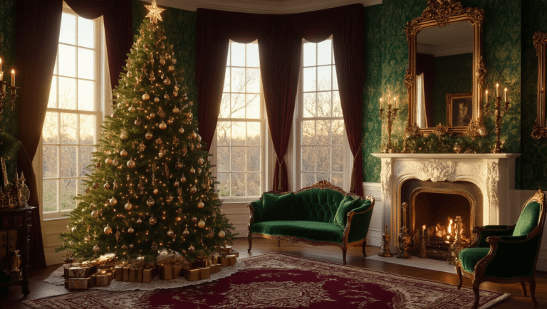 Photorealistic Victorian parlor at golden hour, featuring a decorated Fraser fir Christmas tree, emerald velvet settee, and ornate fireplace mantel with mercury glass ornaments, all bathed in warm amber light.
