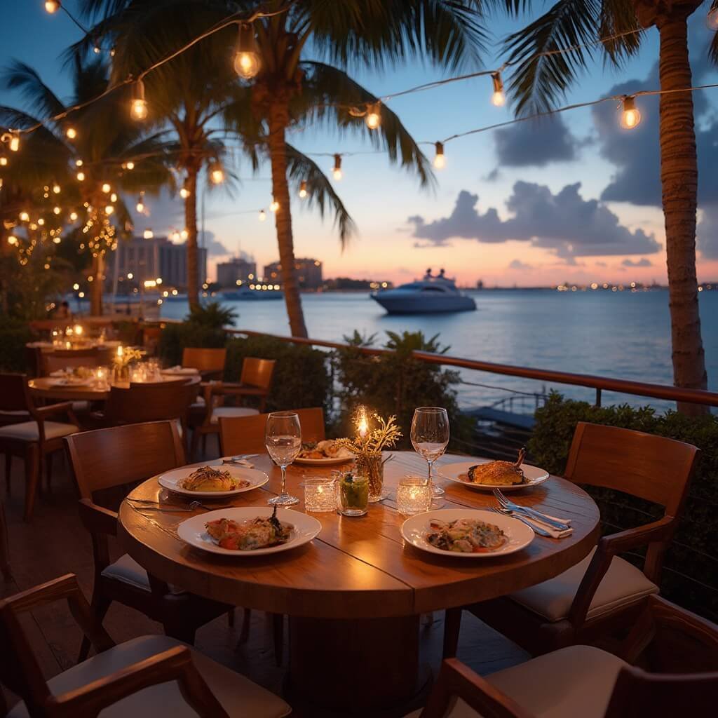 Fort Lauderdale in May: Your Ultimate Escape Without the Summer Crowds Intimate waterfront restaurant terrace at dusk overlooking Fort Lauderdale's Intracoastal Waterway with string lights, wooden seating, artfully presented seafood on rustic tables, swaying palm trees, cruising luxury yachts, and warm golden hour lighting