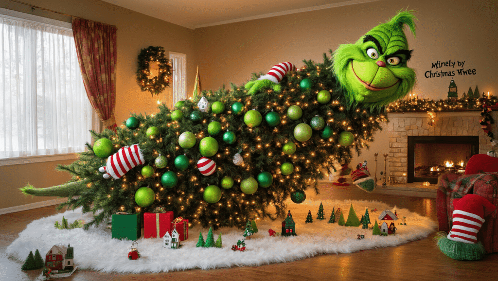 The Ultimate Grinch Christmas Tree: A Whimsical Holiday Decor Guide A whimsical 9-foot leaning Christmas tree adorned with oversized green baubles, plush Grinch hands in mittens, and a giant Grinch face topper, set in a modern living room with Victorian windows, featuring twinkling warm lights and a playful atmosphere.
