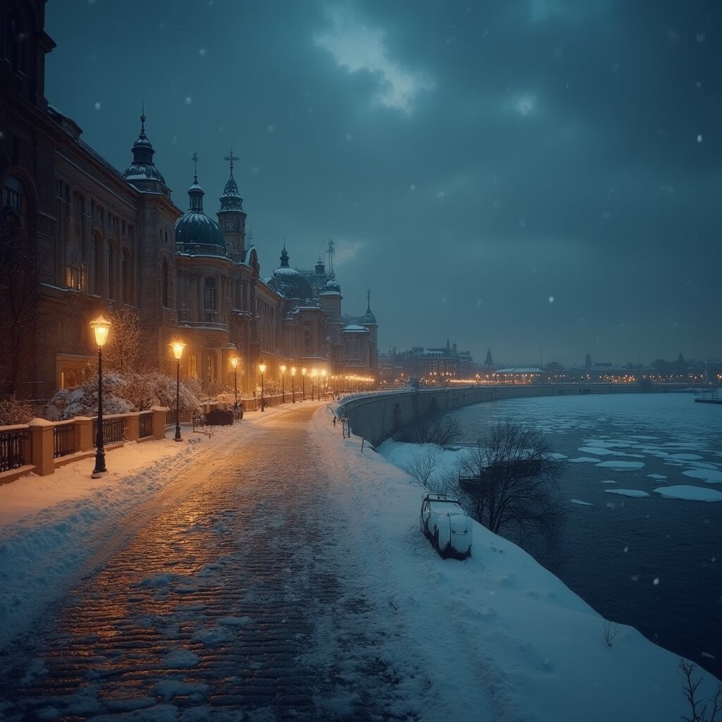 Chasing Winter Magic: The Definitive Guide to St. Petersburg in December Dramatic winter night scene in St. Petersburg with partially frozen Neva River, illuminated snow-covered cobblestone streets, and baroque architecture silhouetted against dark cloudy sky