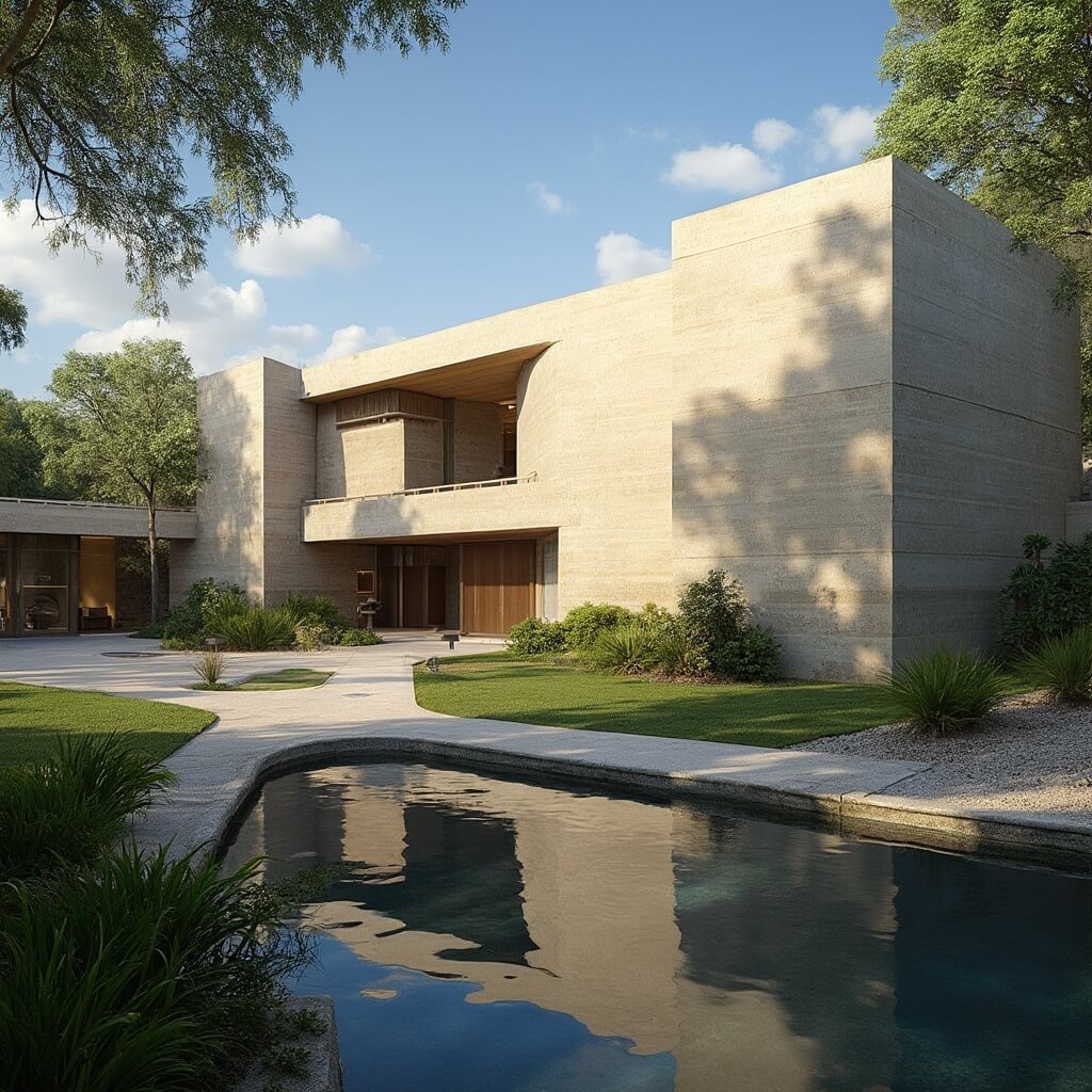 Why Lakeland in March Will Blow Your Mind: A Traveler's Ultimate Guide Frank Lloyd Wright's architectural masterpiece at Florida Southern College campus, featuring clean lines, dramatic angles, and natural elements seamlessly blending with the surrounding landscape, with the building's reflection in a nearby water feature.