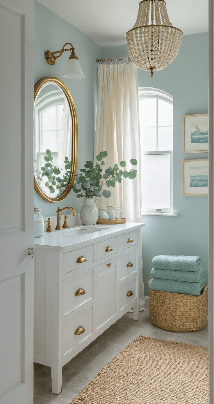 Create a Serene Coastal Granddaughter Bathroom: Your Ultimate Styling Guide Bright and airy bathroom featuring a whitewashed wood vanity with brass hardware, pale blue-grey walls, and an arched brass mirror reflecting morning light, accented by a beaded chandelier, natural jute rug, ivory linen shower curtain, and seafoam green Turkish towels, with vintage glass canisters and eucalyptus branches for styling.