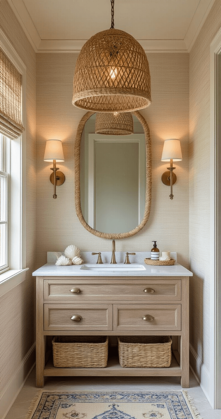 Create a Serene Coastal Granddaughter Bathroom: Your Ultimate Styling Guide A low-angle view of a coastal bathroom featuring a driftwood-finished freestanding vanity, sandy beige textured wallpaper, and a woven rattan pendant light casting shadows. Vintage brass sconces flank an oval mirror with rope detail, while shell-inspired pastel accessories accent the marble countertop. The scene includes woven basket storage, linen window treatments, and a faded blue vintage Persian runner, captured at golden hour in a moody ambiance.