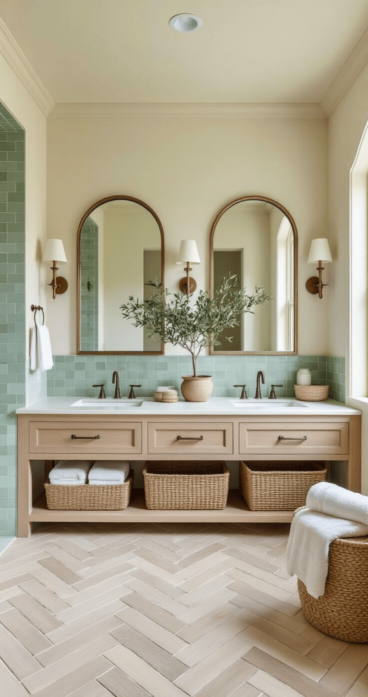 Create a Serene Coastal Granddaughter Bathroom: Your Ultimate Styling Guide Overhead shot of a master bathroom featuring a herringbone marble floor, double vanity in bleached oak, dual arched mirrors with brass sconces, a center island with woven baskets and vintage glass vessels, and soft white walls contrasted by seafoam green accent tiles, enhanced by natural elements like a potted olive tree and rolled organic towels.