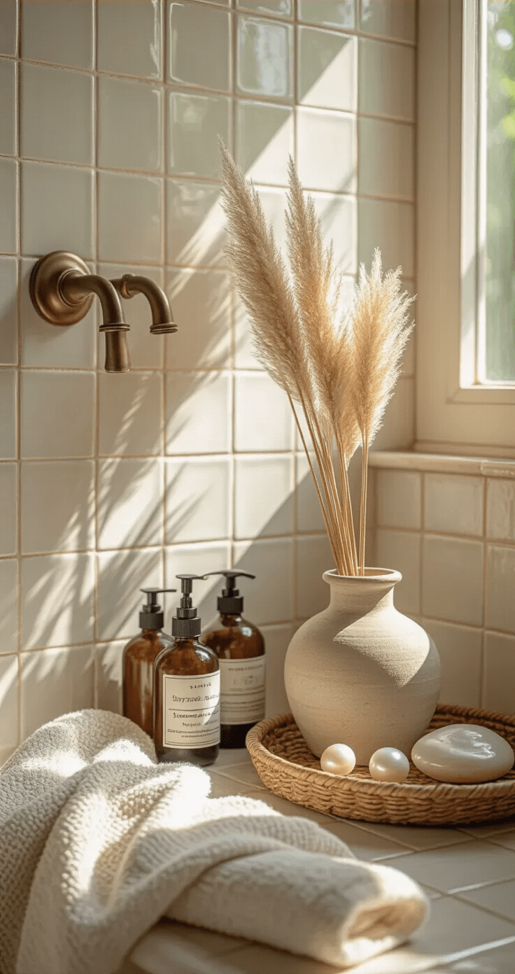 Create a Serene Coastal Granddaughter Bathroom: Your Ultimate Styling Guide Intimate vanity corner illuminated by afternoon light, featuring weathered brass fixtures, handmade white ceramic tiles, vintage apothecary bottles, a pottery vessel with dried pampas grass, natural-toned linen hand towels, and a rattan tray with mother-of-pearl accessories, all captured with a shallow depth of field.