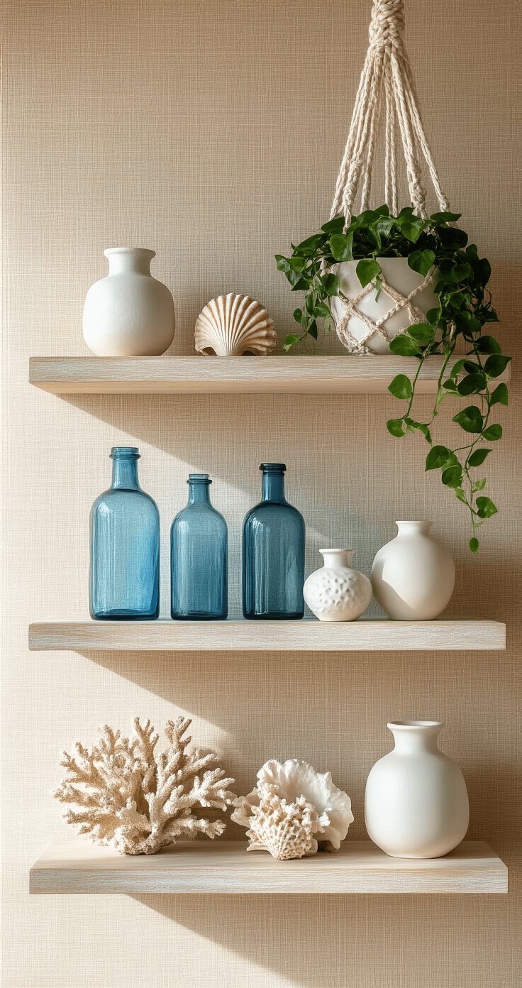 Create a Serene Coastal Granddaughter Bathroom: Your Ultimate Styling Guide Detail-focused shot of a coastal-inspired shelving vignette featuring vintage blue glass bottles, white ceramic vessels, and natural elements like coral and shells against a warm sand-toned grasscloth wallpaper, with a macramé plant hanger displaying trailing ivy.