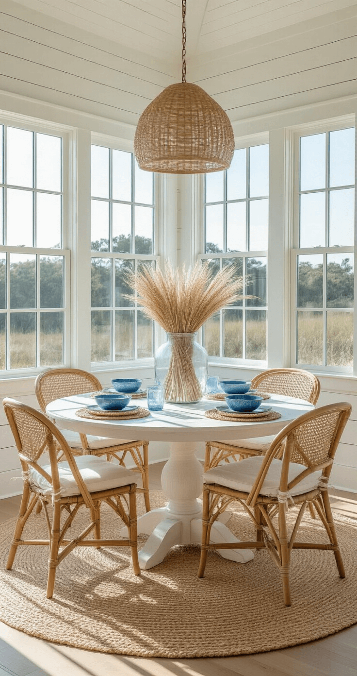 Coastal Kitchen Table: Your Ultimate Guide to Beach-Inspired Dining Elegance A bright coastal kitchen with shiplap walls, featuring a round oak table surrounded by rattan chairs, illuminated by golden morning light from bay windows, adorned with beach grass in a vase and blue ceramic bowls.