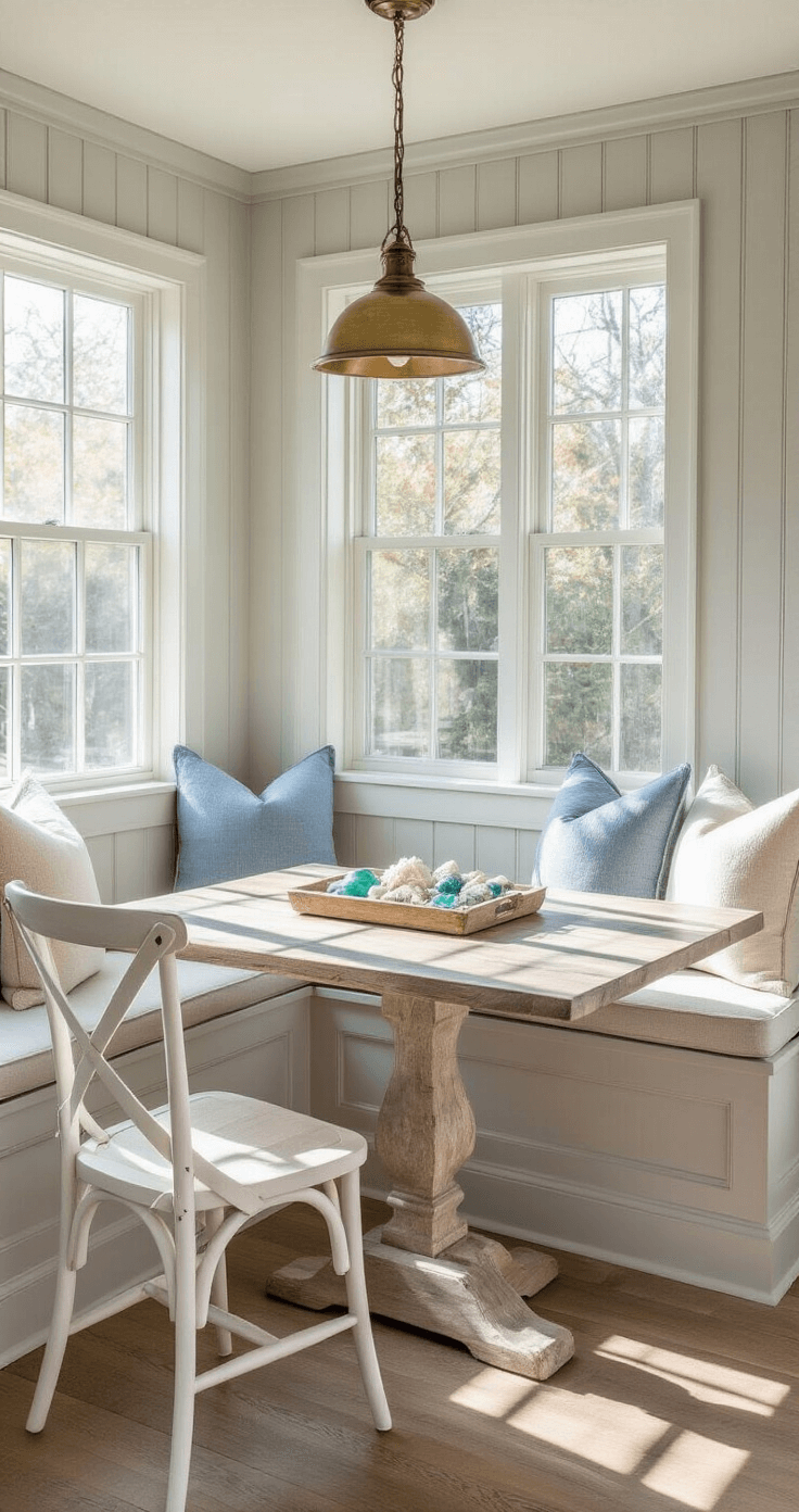 Coastal Kitchen Table: Your Ultimate Guide to Beach-Inspired Dining Elegance An intimate breakfast nook featuring pale gray beadboard walls, built-in window seating, a driftwood-finish table, and whitewashed X-back chairs, illuminated by late afternoon sunlight and a vintage brass pendant light, creating a cozy, elegant atmosphere.