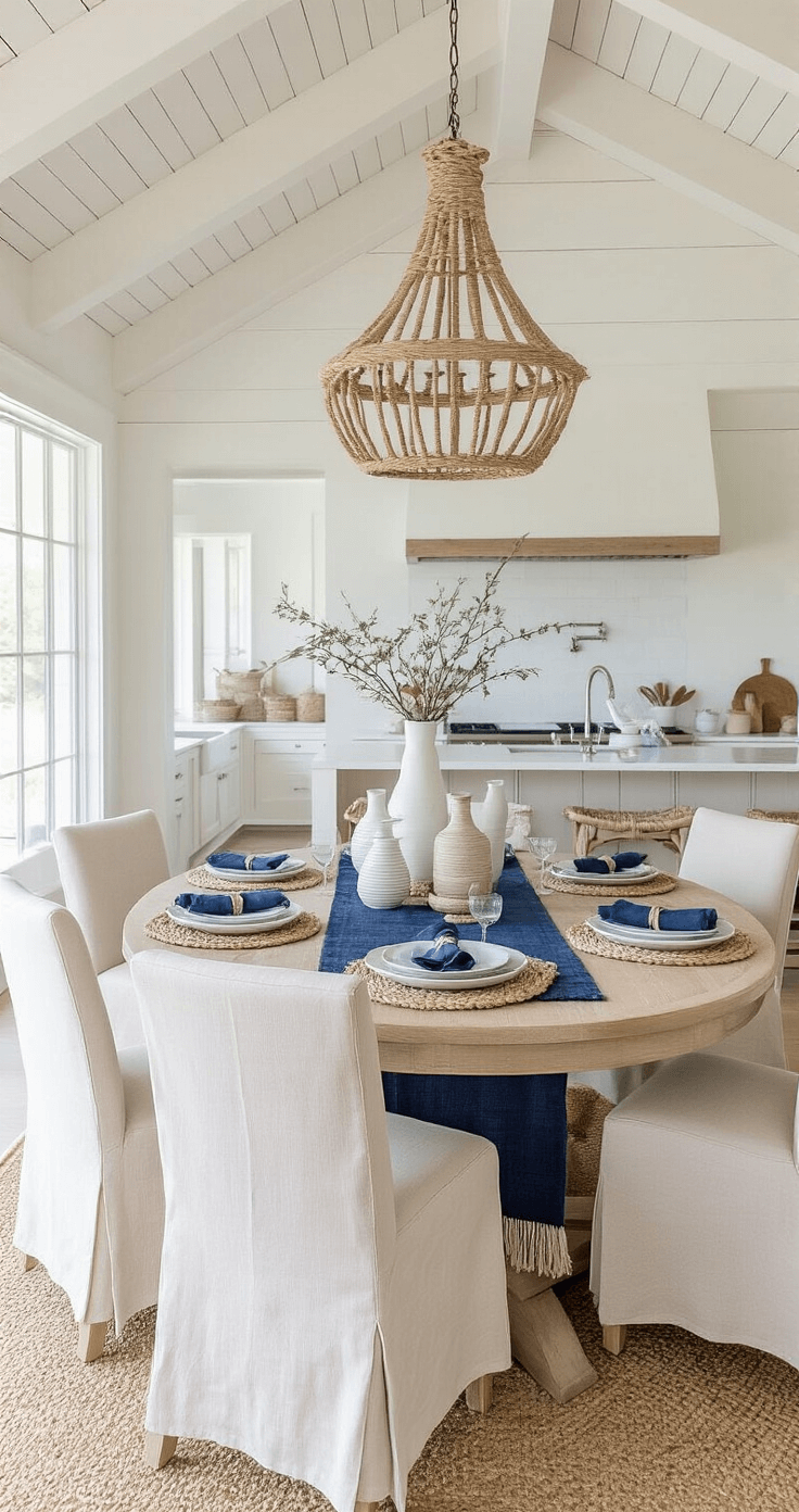 Coastal Kitchen Table: Your Ultimate Guide to Beach-Inspired Dining Elegance A spacious open-concept kitchen-dining area with exposed white ceiling beams, filled with diffused midday light. An oval bleached oak table surrounded by cream linen slip-covered chairs is adorned with a navy runner, white ceramic vases, and driftwood. Layered place settings with rope-edged chargers and aqua napkins create a sophisticated coastal charm.
