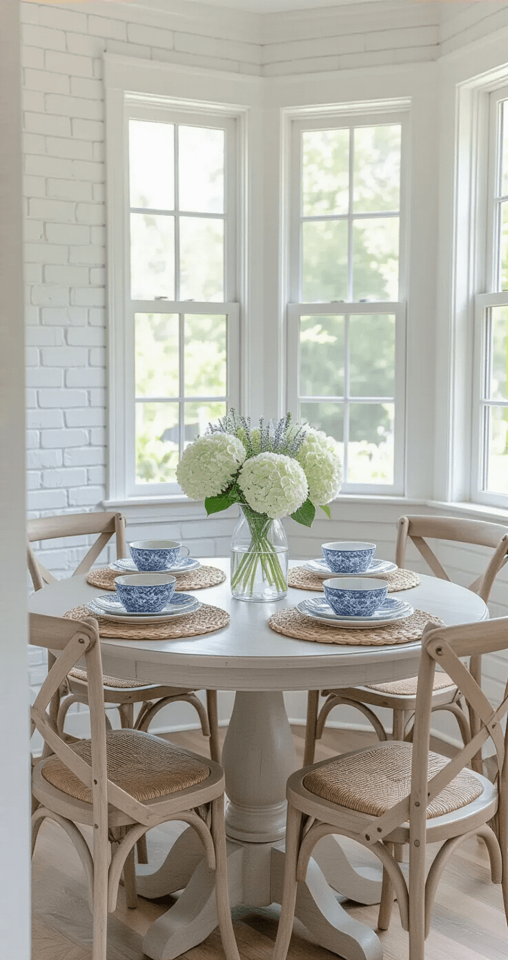Coastal Kitchen Table: Your Ultimate Guide to Beach-Inspired Dining Elegance Bright coastal breakfast area featuring a weathered gray bistro table surrounded by distressed white cross-back chairs, accented by a white brick wall and bay window, illuminated by morning light. The table is styled with woven chargers, blue and white ceramic plates, casual linen napkins, and a glass vase filled with white hydrangeas and sea lavender, captured in a close-up with a soft background blur.