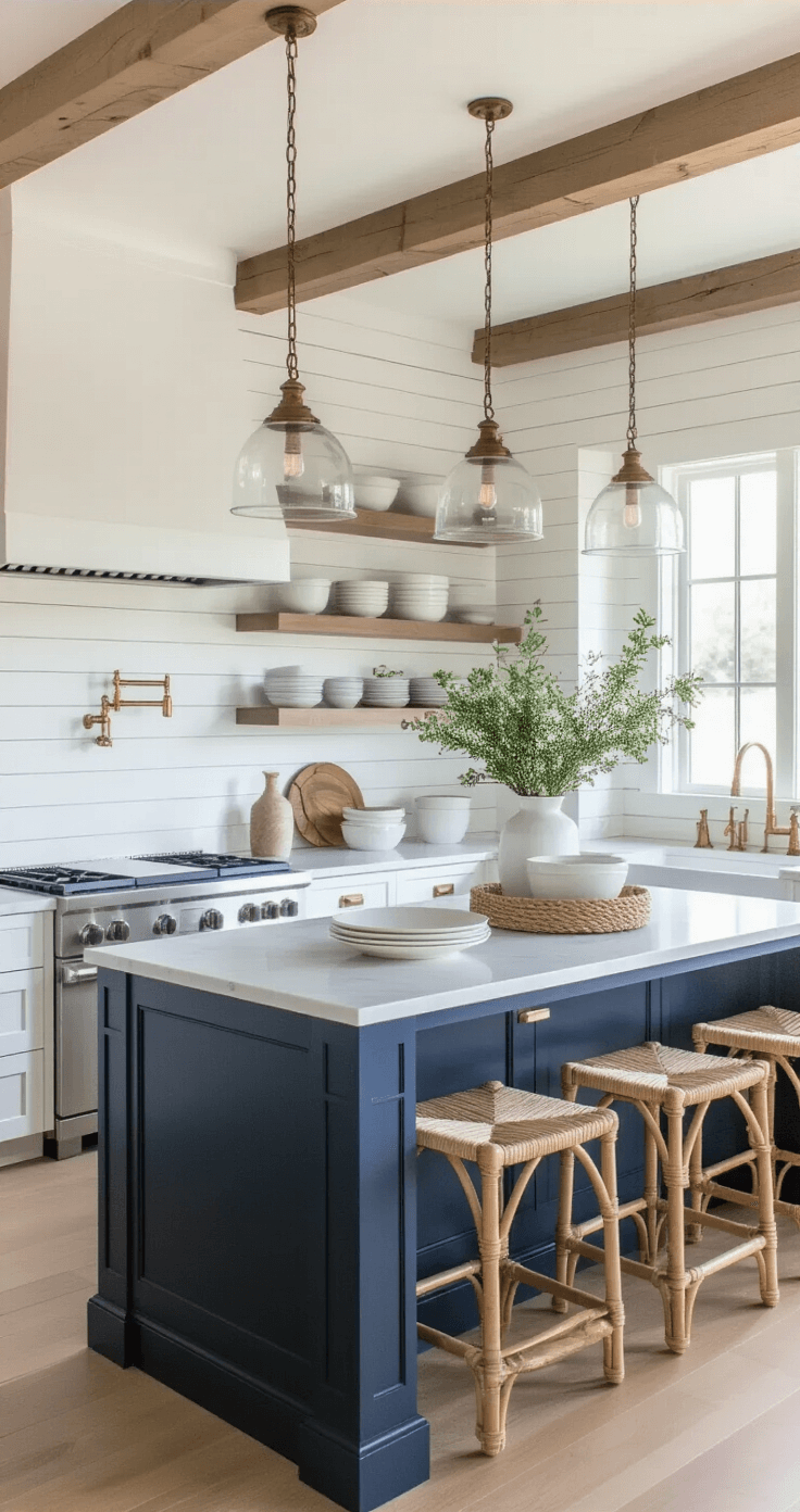 Coastal Kitchen Island: Your Ultimate Guide to Creating a Breezy, Inviting Space An airy kitchen featuring an 8ft navy blue island, whitewashed shiplap walls, and a Calacatta marble countertop. Staggered pendant lights cast a warm glow, complemented by natural fiber bar stools. Brass hardware adds warmth, creating an inviting space during golden hour.