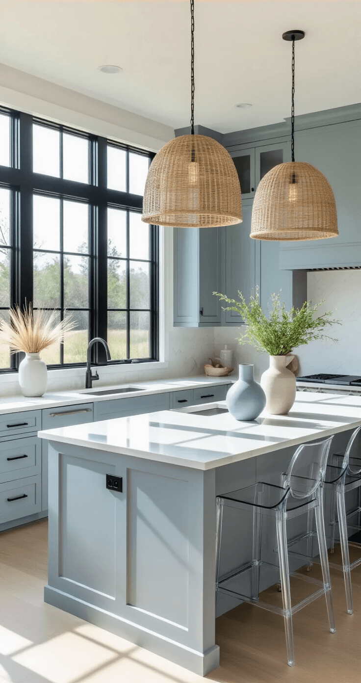 Coastal Kitchen Island: Your Ultimate Guide to Creating a Breezy, Inviting Space Contemporary coastal kitchen with a pale gray-blue island, quartz waterfall edges, modern rattan pendant lights, and acrylic bar stools, illuminated by afternoon light through black-framed windows, featuring geometric ceramic vases with coastal grasses, shot from a corner angle.