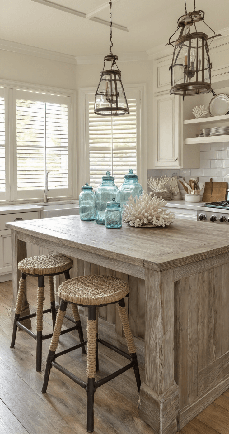 Coastal Kitchen Island: Your Ultimate Guide to Creating a Breezy, Inviting Space Cozy kitchen with a driftwood-finished island and vintage metal stools, illuminated by warm evening light, showcasing decorative elements like lanterns, coral, and mason jars from an overhead angle.