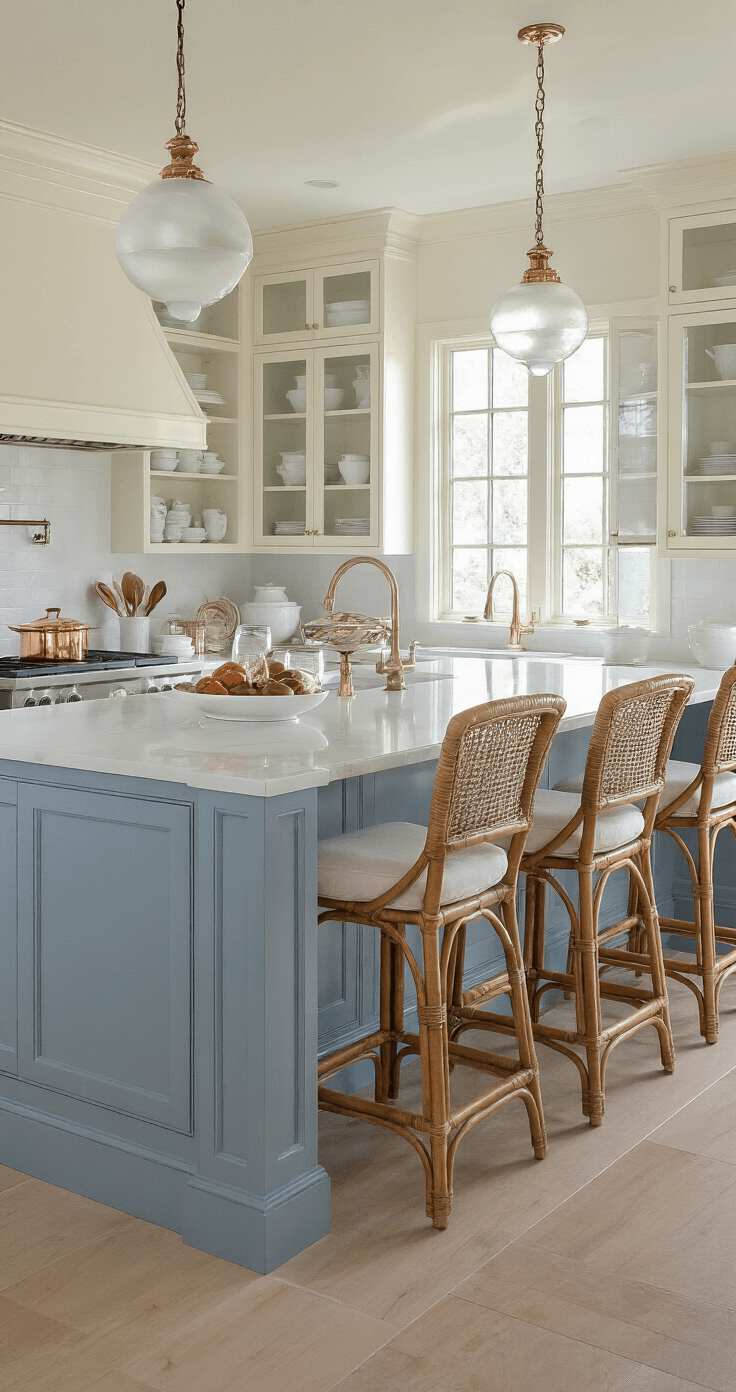 Coastal Kitchen Island: Your Ultimate Guide to Creating a Breezy, Inviting Space Luxurious 18x22ft kitchen featuring a 10ft double-island in cream and cerulean blue, illuminated by soft afternoon light from frosted windows, with mixed seating of upholstered captain's chairs and rattan bar stools, adorned with copper pots, white ceramics, and glass floats, captured from an elevated perspective.