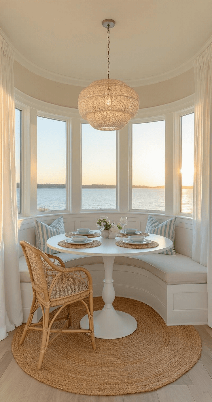 Modern Coastal Kitchen Design: Your Ultimate Transformation Guide Intimate coastal kitchen breakfast nook featuring a curved bay window with a built-in white linen banquette, whitewashed round pedestal table on a vintage-wash seagrass rug, woven rattan chairs with ivory cushions, and a capiz shell chandelier glowing softly, all illuminated by golden hour light through gauzy white curtains, with natural jute placemats and blue-rimmed earthenware adding to the serene color palette of cream, sand, pale aqua, and silver sage.