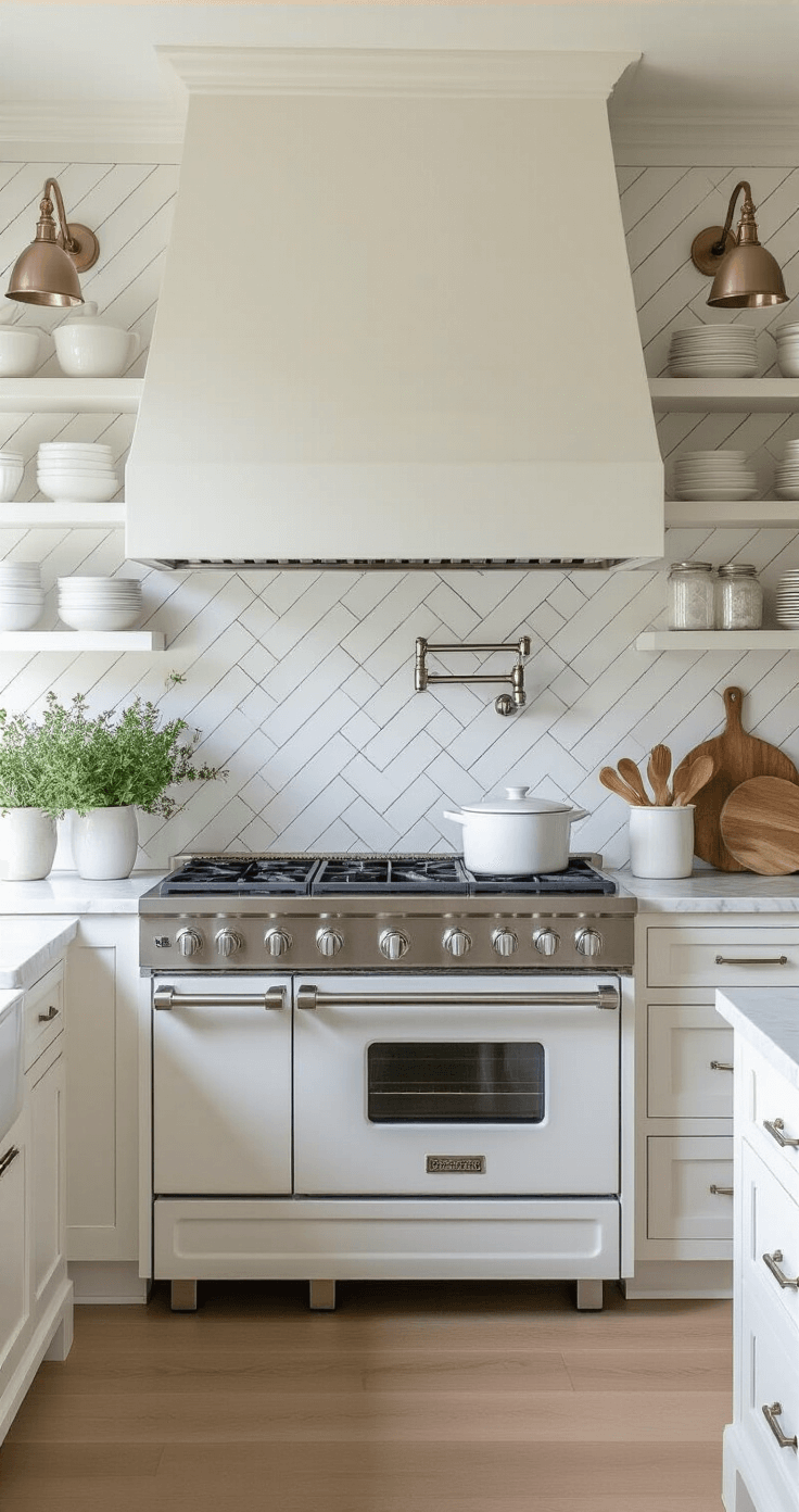 Modern Coastal Kitchen Design: Your Ultimate Transformation Guide Professional-grade cooking zone with a matte white enamel range, herringbone marble backsplash, and open shelving displaying white pottery, bathed in soft afternoon light. Styled with coastal herbs and wooden cutting boards.