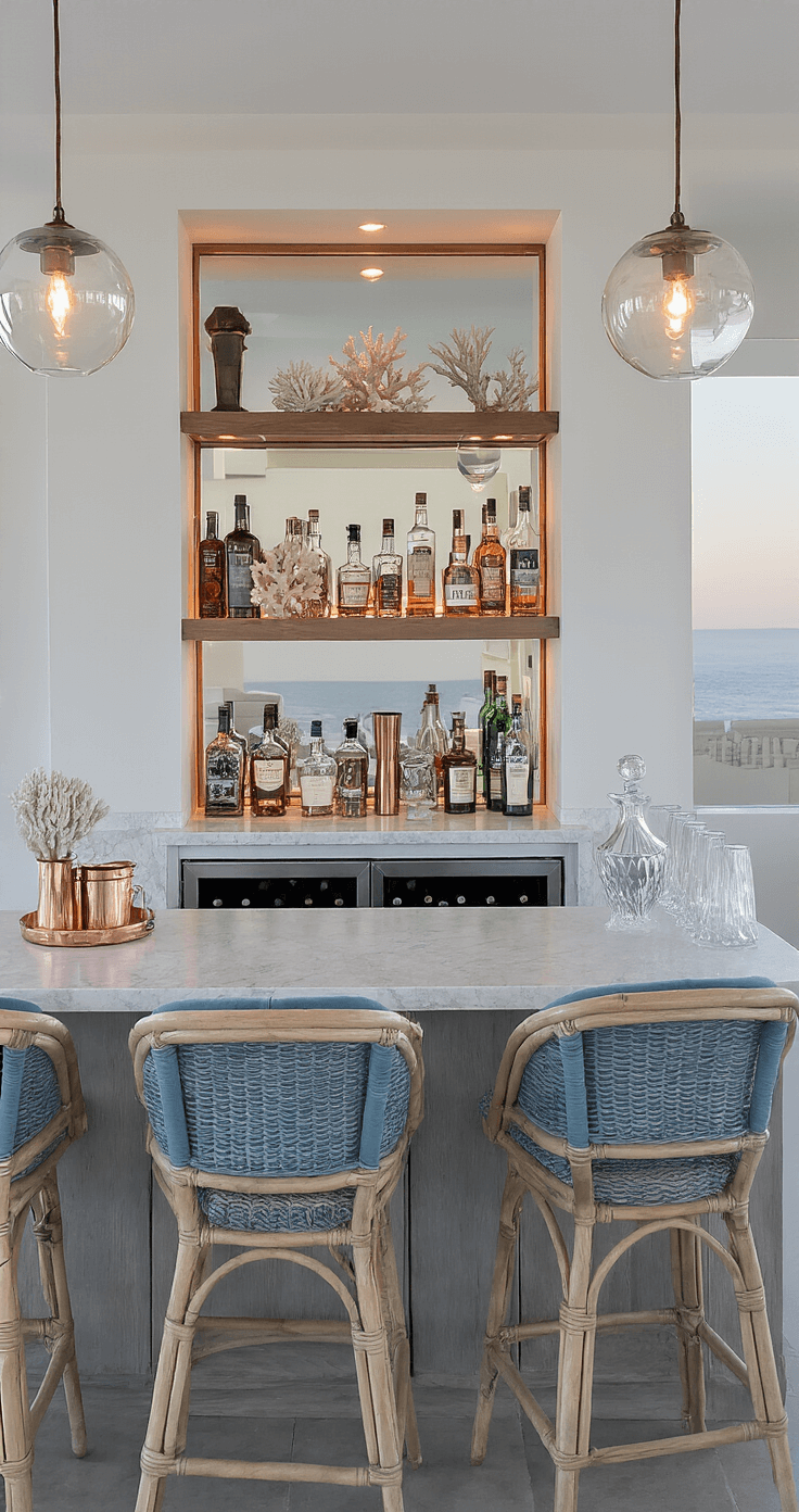 Modern Coastal Kitchen Design: Your Ultimate Transformation Guide Contemporary coastal bar area at twilight with a seafoam swirl quartzite countertop, antiqued mirror floating shelves filled with artisanal spirits, stormy blue velvet rattan bar stools, and ambient glass globe pendant lighting, styled with copper bar tools and crystal decanters among preserved coral specimens.