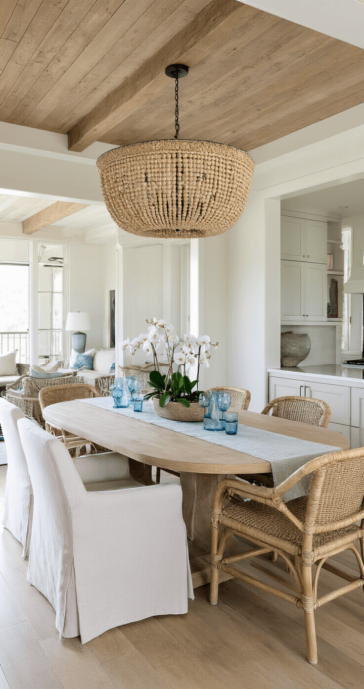 Modern Coastal Kitchen Design: Your Ultimate Transformation Guide A spacious casual dining area featuring a cedar-planked ceiling, an oval bleached teak table seating eight, mixed seating with slipcovered and woven chairs, and a large coco bead chandelier. The table is styled with a natural runner, blue-tinted glassware, and potted orchids, all illuminated by warm late morning light, with a color palette of warm white, driftwood, sea glass blue, and natural fibers.