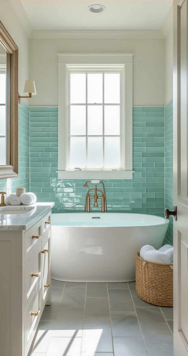 Coastal Bathroom Tile: Transform Your Space into a Serene Seaside Retreat A serene coastal bathroom featuring a freestanding white oval tub, weathered gray porcelain tiles, seafoam green to aqua blue mosaic walls, and a white shaker-style vanity with a Carrara marble top, all illuminated by morning light through a frosted window.