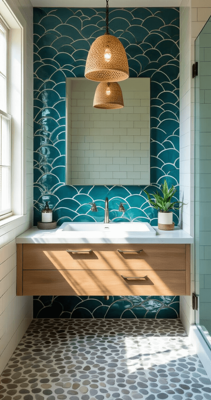 Coastal Bathroom Tile: Transform Your Space into a Serene Seaside Retreat Intimate guest bathroom featuring a dramatic teal and white wave-pattern accent wall behind a floating vanity, with golden sunlight highlighting pearl-finish subway tiles. A glass shower enclosure showcases pebble-style floor tiles, and a rattan pendant light casts intricate shadows, all captured from a corner angle to emphasize depth and texture in a sophisticated coastal modern style.