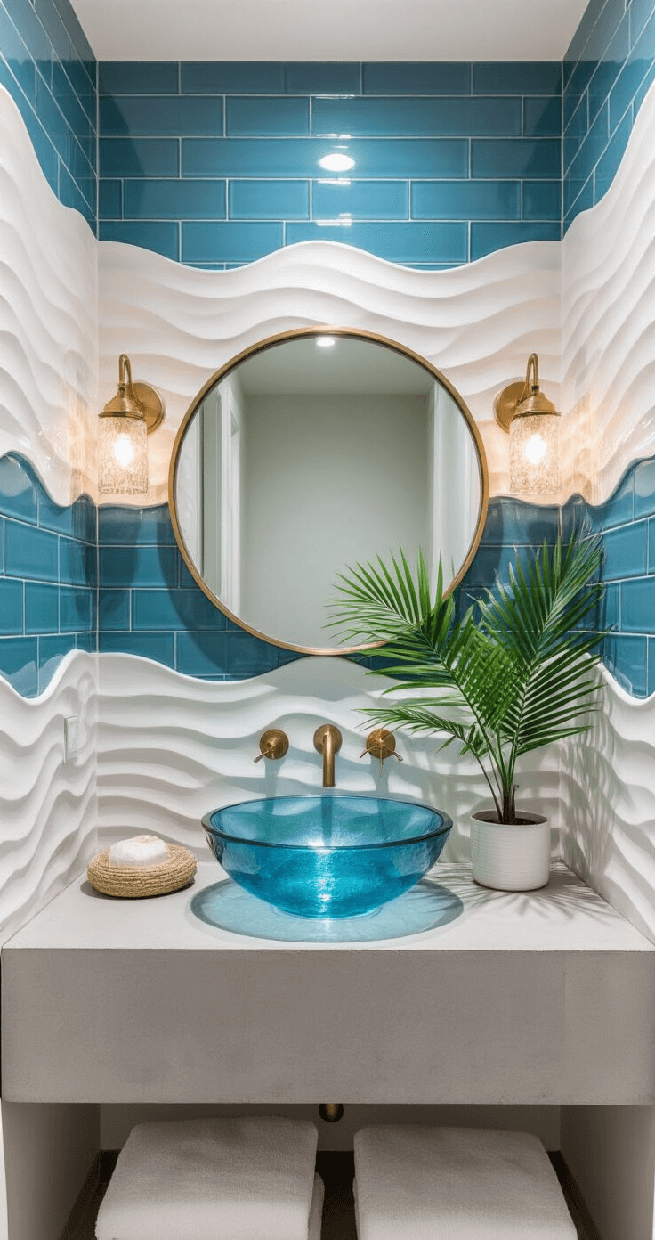 Coastal Bathroom Tile: Transform Your Space into a Serene Seaside Retreat Compact powder room featuring glossy azure blue subway tiles alternating with textured white ceramic waves, a floating concrete vanity with a crystalline blue glass vessel sink, a circular brass mirror with wall sconces, and a small potted palm, captured straight-on to highlight the horizontal bands and dramatic side lighting.