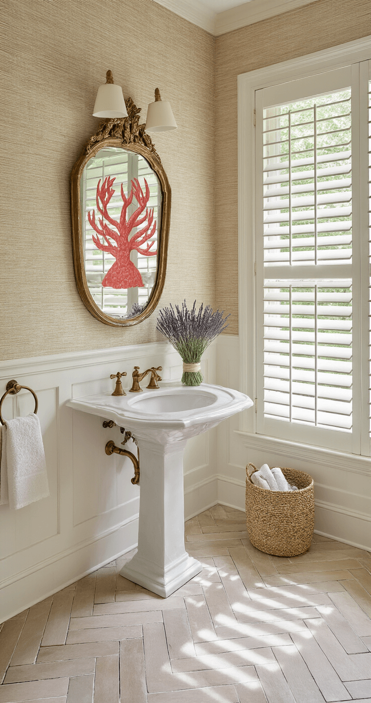 Coastal Bathroom Decor: Your Ultimate Guide to Serene Seaside Style Overhead view of a 5x6ft powder room featuring herringbone marble floor tiles, a classic pedestal sink, sandy beige grasscloth wallpaper, a vintage brass mirror, and coral art print. Afternoon shadows cast through white plantation shutters, accompanied by a woven waste basket and a hand-tied lavender bundle.