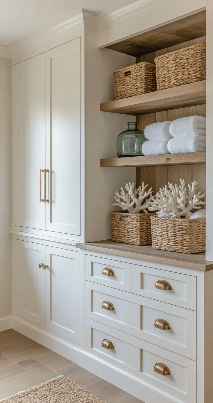 Coastal Bathroom Decor: Your Ultimate Guide to Serene Seaside Style Detail shot of a beachside storage wall with white shiplap cabinets and aged brass hardware, showcasing open shelves filled with coral specimens, weathered glass vessels, and rolled white towels, enhanced by rattan baskets and morning light highlighting textures and cabinet depth.