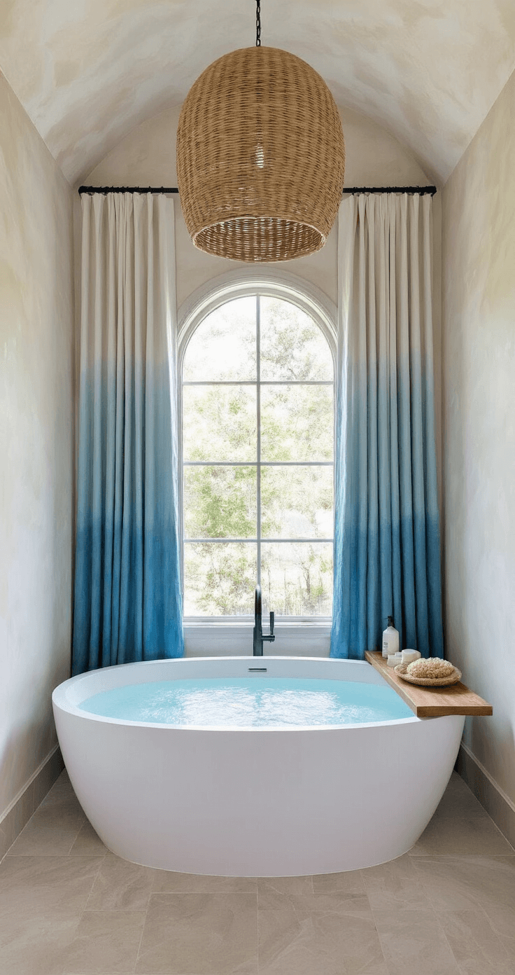 Coastal Bathroom Decor: Your Ultimate Guide to Serene Seaside Style A modern oval freestanding bathtub is centered beneath an arched window, surrounded by walls of subtle, shiny Venetian plaster in 'White Heron.' An oversized woven pendant light casts dramatic reflections on the ceiling, while a floating teak shelf displays artisanal soaps and sea sponges. Dip-dyed blue ombre curtain panels frame the view, with the shot taken from a low angle to highlight the tub's curves and architectural details.