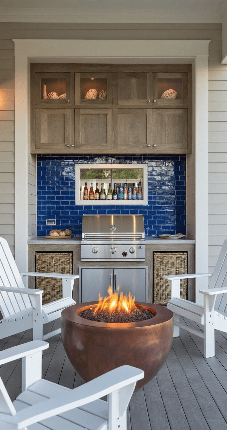 Coastal Outdoor Kitchen: Transform Your Backyard into a Seaside Cooking Paradise Twilight view of an 18x14ft entertaining space featuring a stainless steel grill station with cobalt blue tile, driftwood-finish cabinetry, and a glimmering sunset reflection in stainless surfaces, surrounded by illuminated coastal beverages and a shell-encrusted mirror, with Adirondack chairs and a copper fire bowl.