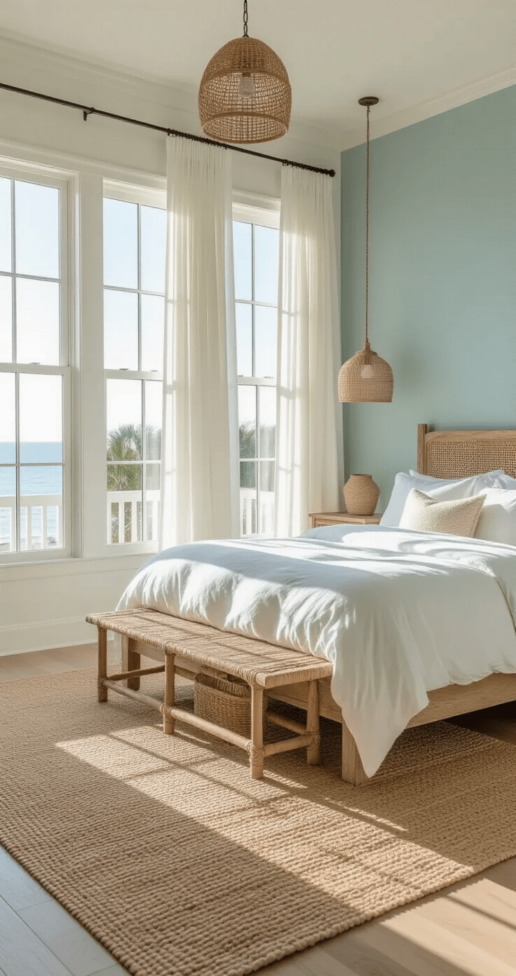Creating Your Perfect Coastal Master Bedroom: A Serene Seaside Retreat at Home Sunlit coastal master bedroom with bay windows, weathered oak platform bed, rattan nightstands, sandy-toned layered rugs, seafoam blue accent wall, and glass pendant lights, all bathed in warm golden hour light.