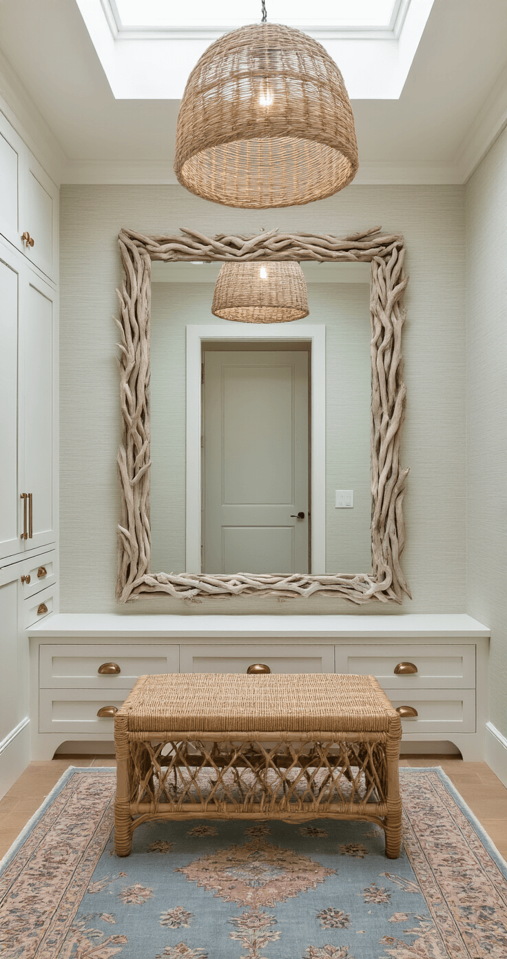 Creating Your Perfect Coastal Master Bedroom: A Serene Seaside Retreat at Home A coastal dressing area featuring a large driftwood-framed mirror, white shaker-style built-ins with brass hardware, and a rattan ottoman on a vintage Persian rug, all illuminated by natural light from a skylight, with textured grasscloth wallpaper and a woven pendant light fixture.