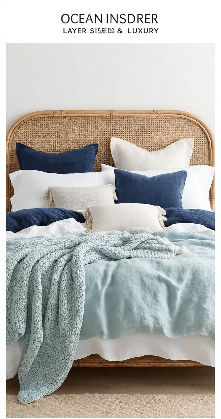 Creating Your Perfect Coastal Master Bedroom: A Serene Seaside Retreat at Home A king-sized bed adorned with rumpled white cotton sheets, a navy linen duvet, and a pale aqua chunky knit throw, featuring oversized euro pillows in white linen, blue velvet, and natural raw silk, all set against a rattan headboard, with natural side lighting highlighting the rich textures.