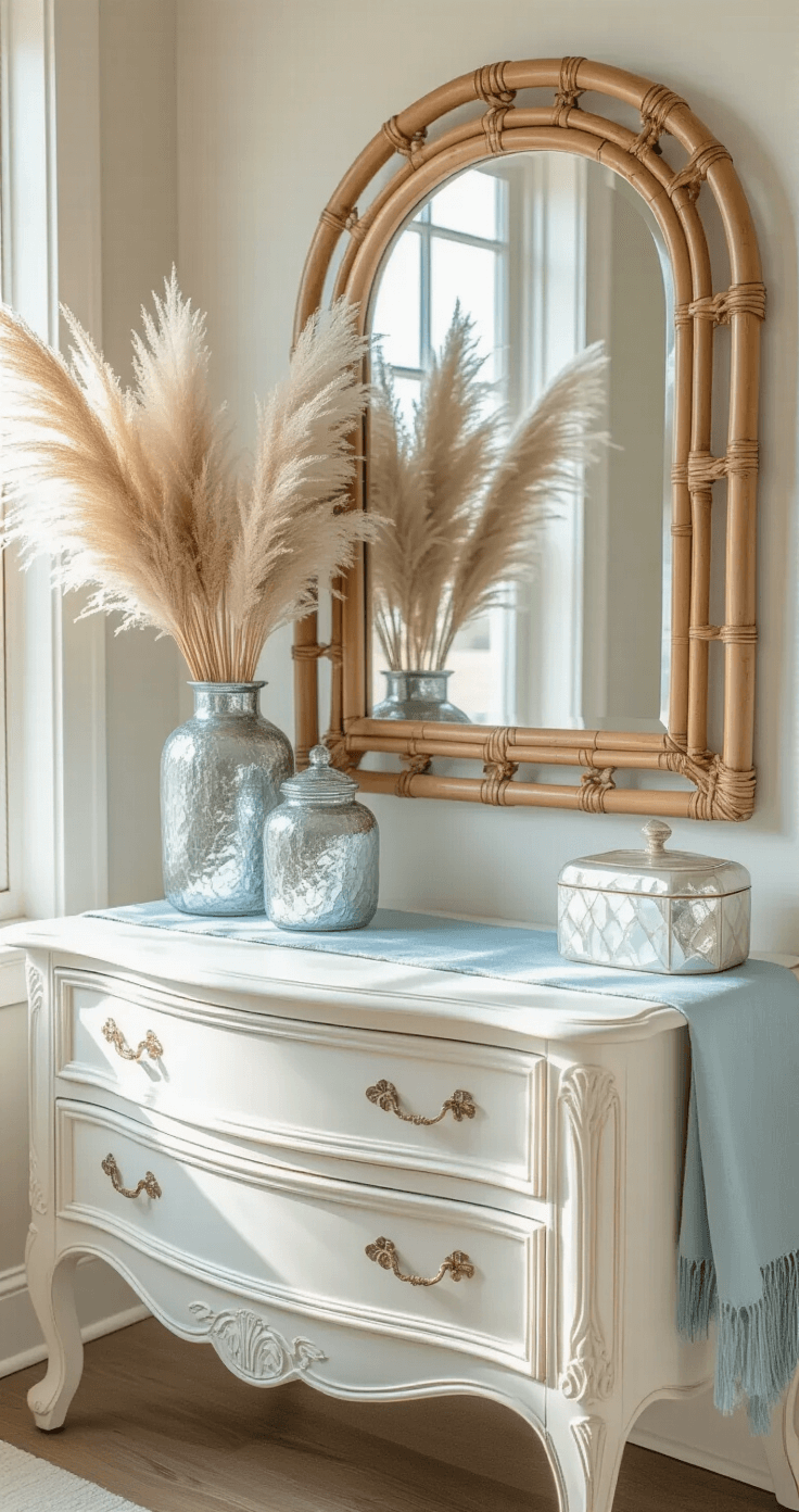 Creating Your Perfect Coastal Master Bedroom: A Serene Seaside Retreat at Home A coastal vanity scene featuring an antique white vanity with curved lines, a bamboo-framed mirror, and morning light creating a soft glow. Mercury glass vessels filled with dried pampas grass sit on a pale blue silk runner, while mother of pearl inlay boxes add a subtle shimmer, all captured from a seated perspective with diffused lighting enhancing the reflective elements.