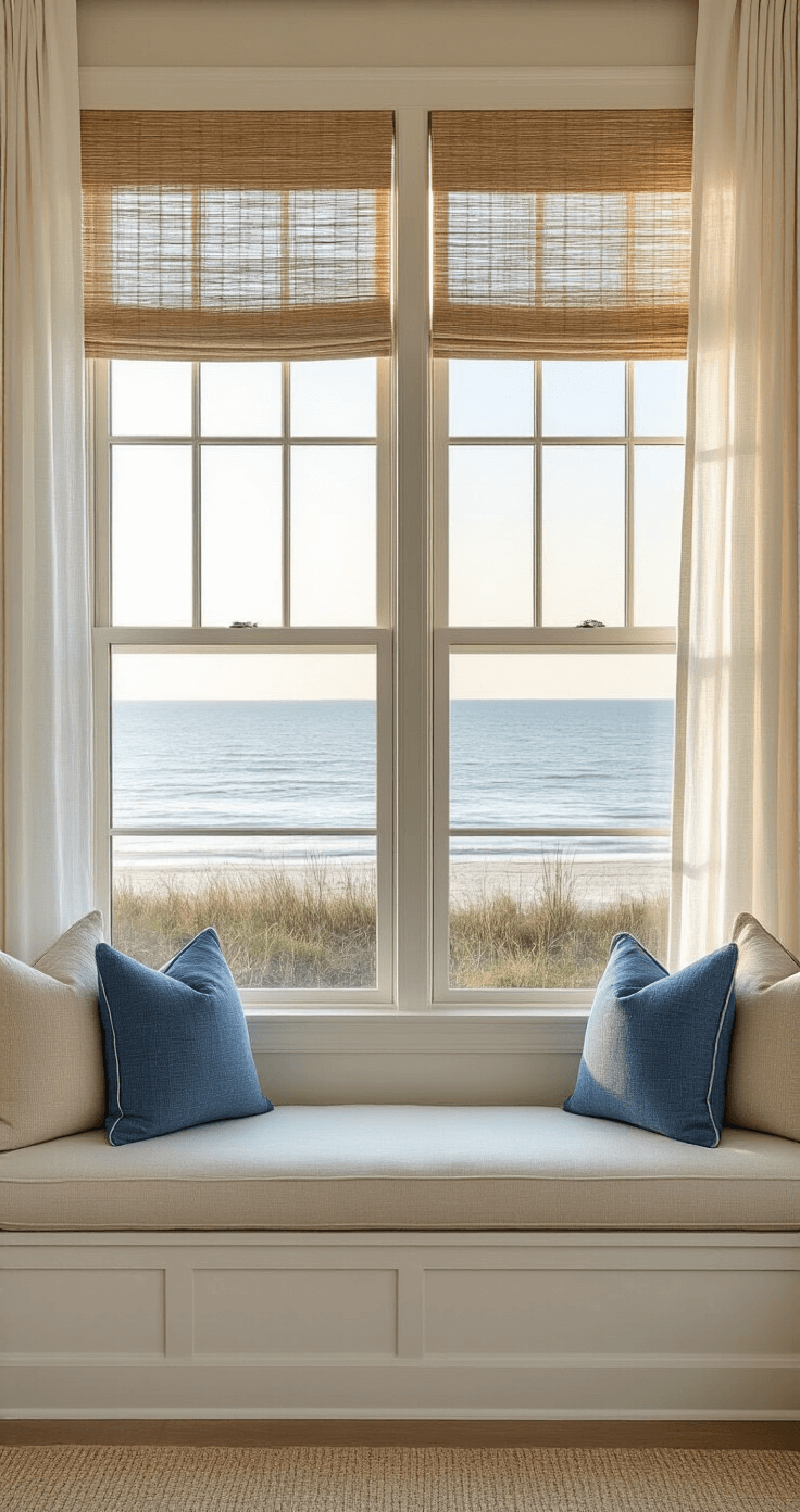 Creating Your Perfect Coastal Master Bedroom: A Serene Seaside Retreat at Home A beachside window showcases floor-to-ceiling windows adorned with sheer white linen panels and natural woven blinds, while a window seat below features sandy beige performance fabric cushions with blue piping and coastal-themed accent pillows. Golden hour light highlights the fabric's movement.