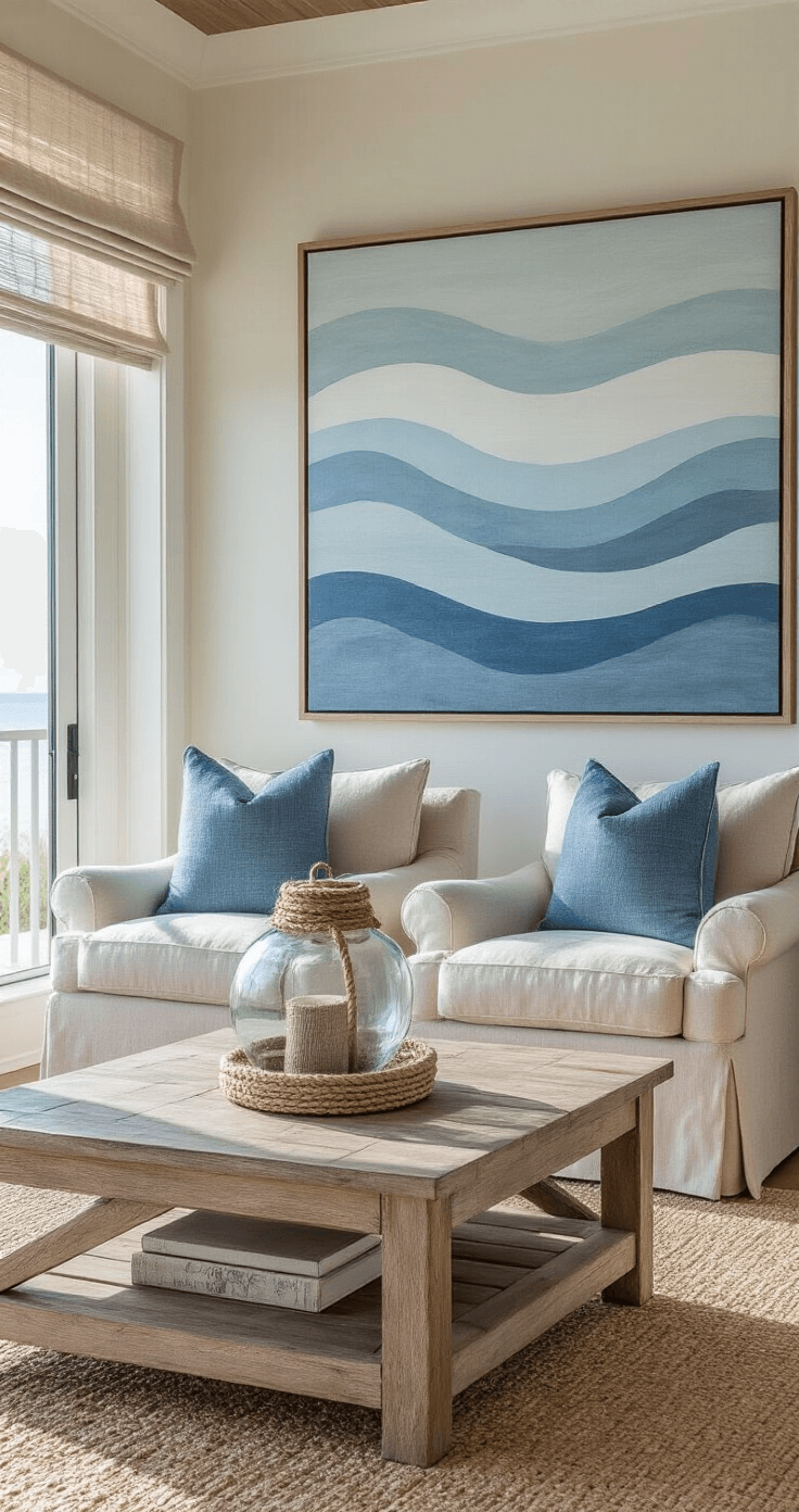 Creating Your Perfect Coastal Master Bedroom: A Serene Seaside Retreat at Home Coastal bedroom sitting area featuring slipcovered armchairs in natural linen, a weathered teak coffee table with a glass hurricane, textured blue throw pillows, and abstract wave art, all illuminated by afternoon light through panoramic windows.