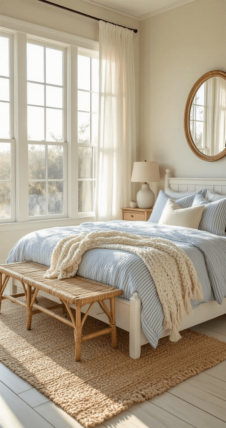 Coastal Granddaughter Room: Your Ultimate Guide to Dreamy, Breezy Bedroom Styling A sunlit bedroom with a whitewashed wooden queen bed, dressed in linen sheets and a blue-striped quilt, flanked by cane nightstands and ceramic lamps. A rattan bench sits at the foot of the bed, while gauzy curtains billow in large windows. The hardwood floor is layered with a jute rug, and a vintage mirror reflects the warm light in a muted coastal palette.